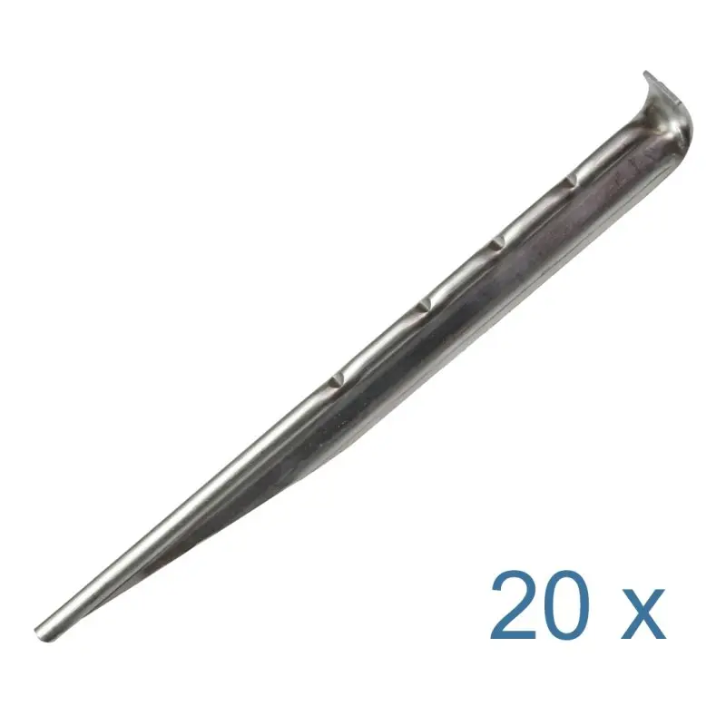 Lot de 20 piquets de tente yourGEAR VP18 en aluminium, profil en V, longueur 180 mm, adaptés au camping sur sol normal, visibles avec finition argentée et extrémité recourbée pour une fixation solide.
