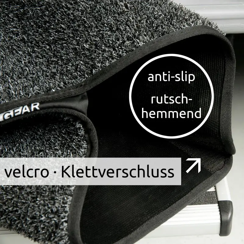 your GEAR Mantua 55 x 28 cm step mat for motorhome, shown with textured, anti-slip surface and black edging. Features Velcro fastener for easy attachment to step. Suitable for Thule/Lippert steps.