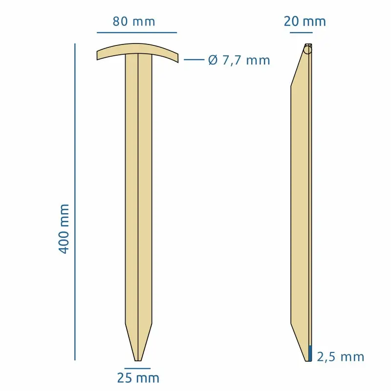 Hering de tente en acier your GEAR TT 400, profil en T, dimensions 400 x 80/25 x 20 mm, robuste et long, avec tête arrondie, pointe biseautée et trou de 7,7 mm pour fixation, idéal pour grandes tentes.