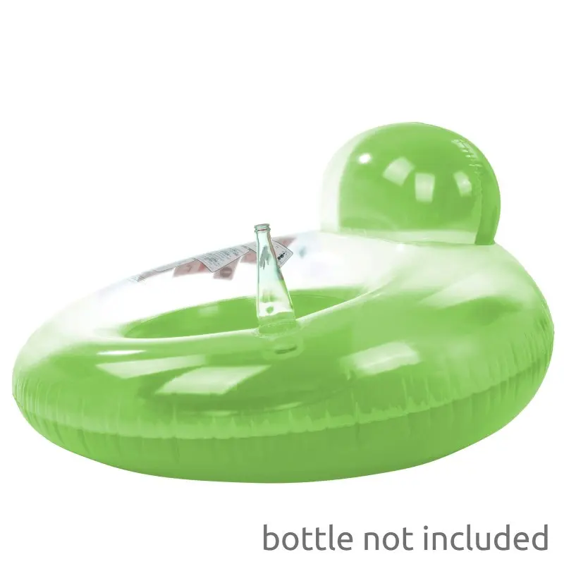 Green inflatable Jilong pool lounge chair, round shape, 118cm diameter, with high backrest and integrated drink holder; made of durable vinyl, suitable for adults and children. Bottle not included.