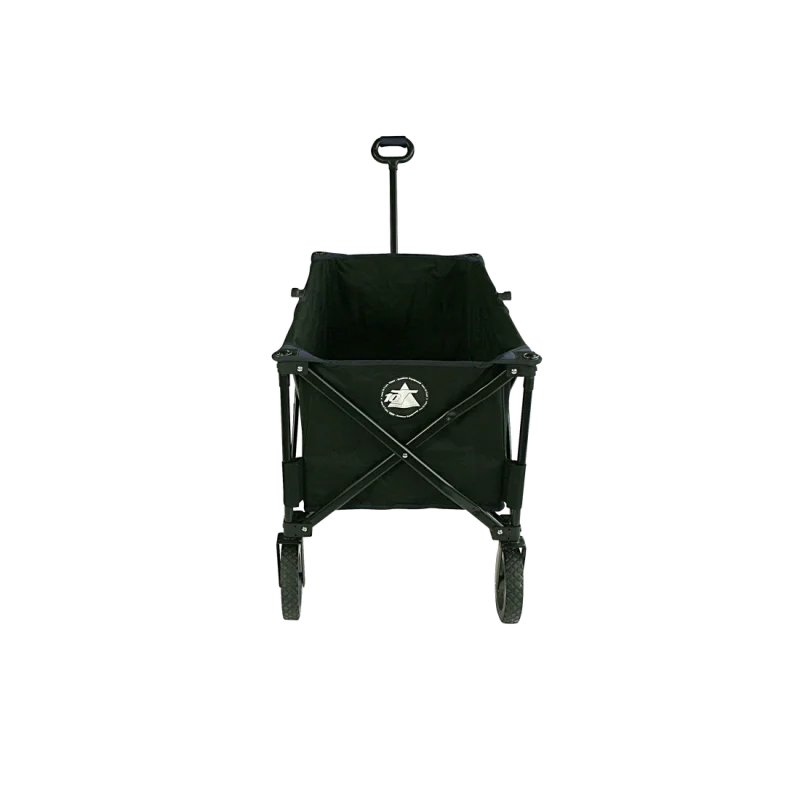 Chariot pliable 10T Foldy Trolley XL noir, vue de face, avec cadre en métal, roues larges et poignée télescopique, idéal pour la plage, les sorties en famille ou le transport d’équipement extérieur.