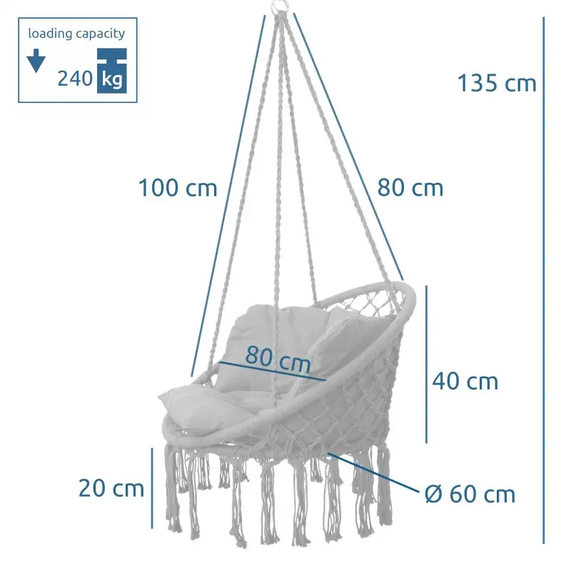 Fauteuil suspendu yourGEAR Boracay Grey, coussin confortable, structure en corde, capacité 240 kg, dimensions : hauteur totale 135 cm, largeur assise 80 cm, diamètre 60 cm, franges décoratives.
