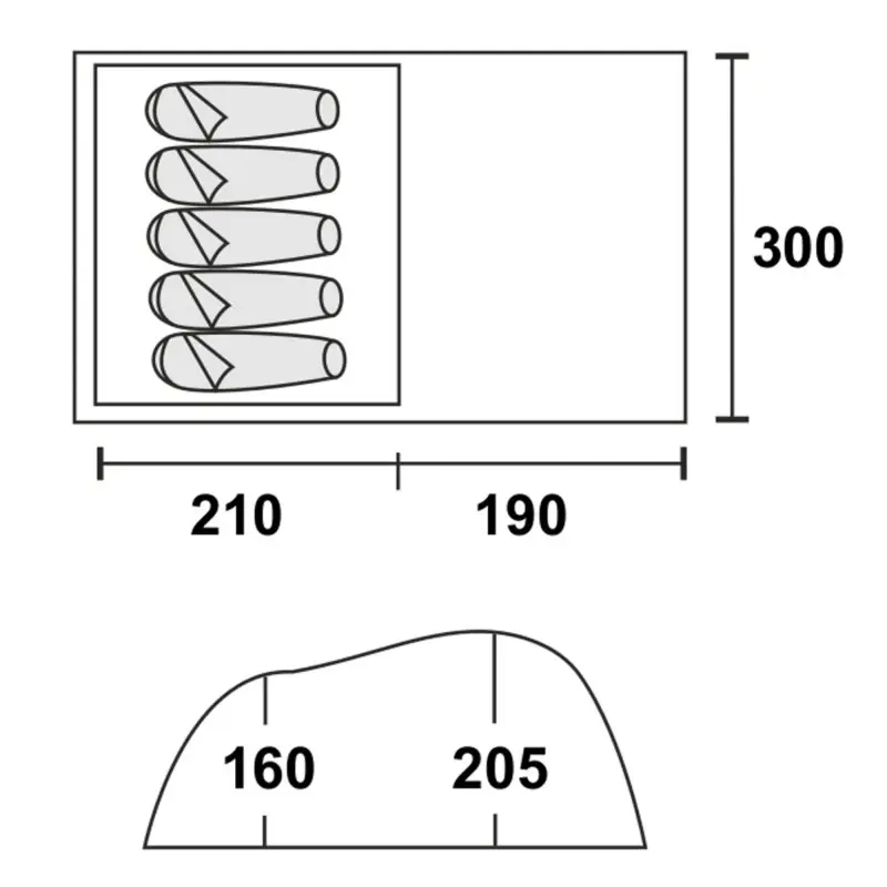 Schéma du Fridani DTG 5 homme tente familiale : dimensions 300 x 400 cm, espace de couchage pour 5 personnes, hauteur debout jusqu’à 205 cm, vestibule spacieux, idéal camping, imperméable 3000 mm.