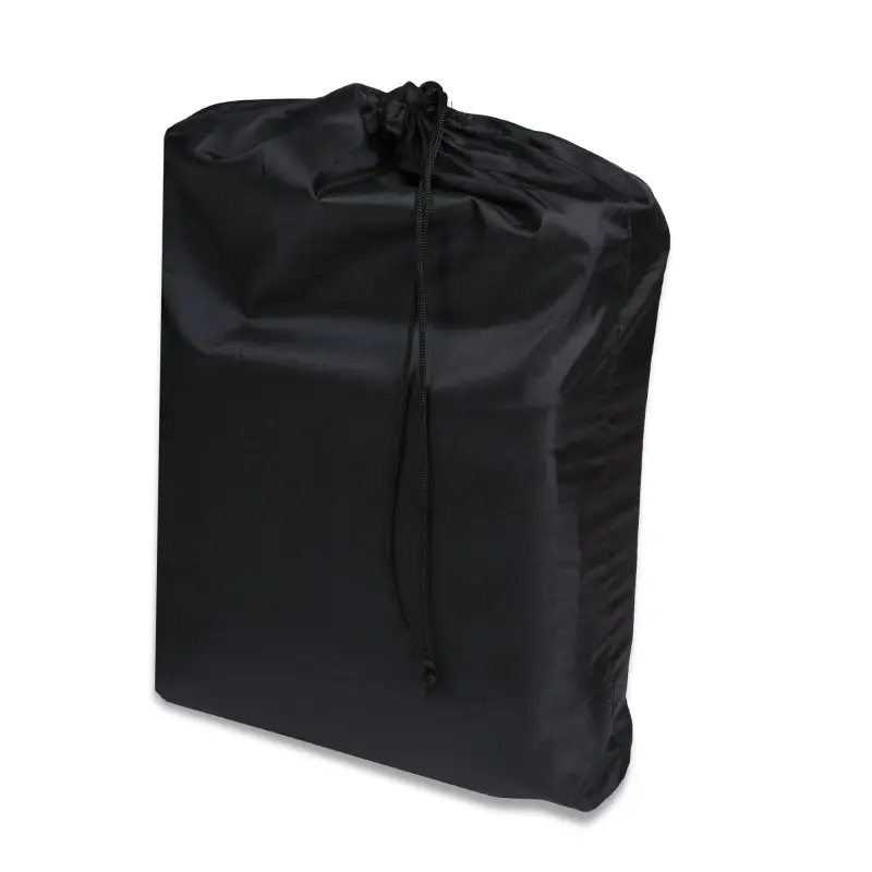 Black carrying bag for your GEAR Toskana 300 x 300 cm HDPE awning carpet, shown with a drawstring closure. Ideal for storing and transporting the weatherproof outdoor tent carpet.