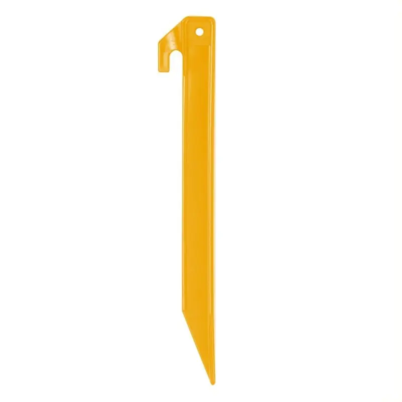 Hering de tente yourGEAR T22-ABS en plastique ABS jaune, profil en T, longueur 220 mm, avec crochet et trou pour corde, adapté au camping sur sols standards.