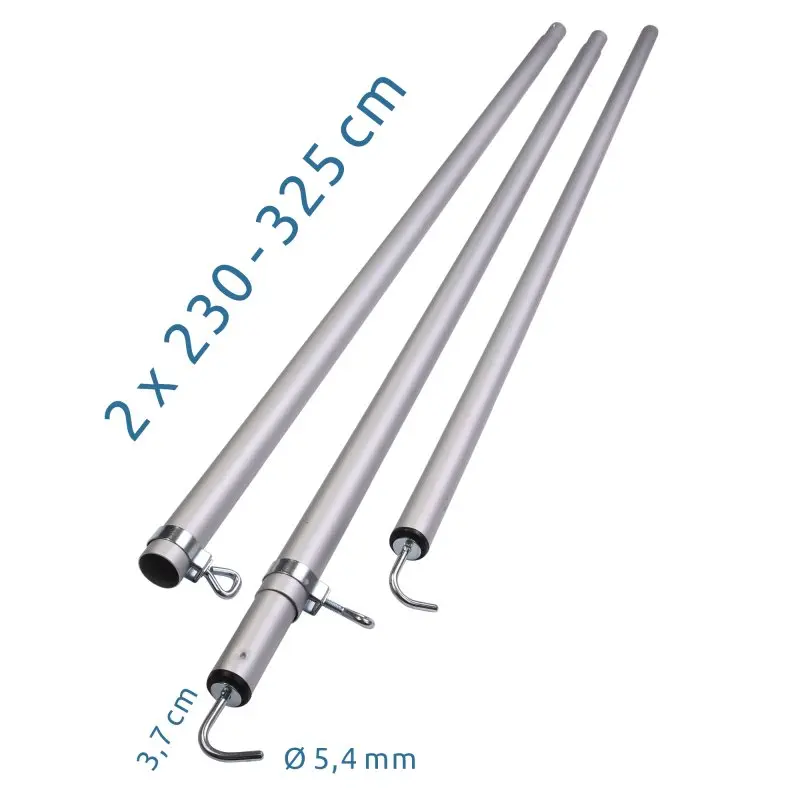 Set de 2 barras de techo telescópicas de aluminio your GEAR, longitud ajustable de 230 a 325 cm, con ganchos metálicos y diámetro de 5,4 mm, ideal para estructuras de avance de caravanas.