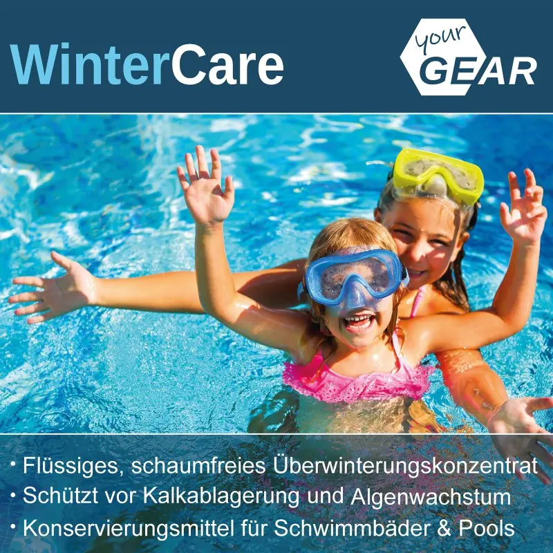 yourGEAR WinterCare 1L pool winterizing concentrate, foam-free, for preventing algae and lime deposits; product image with two children swimming, product benefits and yourGEAR branding visible.