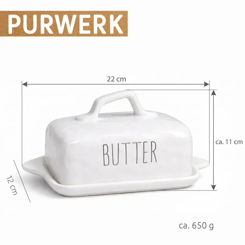 PURWERK Butterdose Weiß Keramik mit Deckel – Hammerschlag-Design