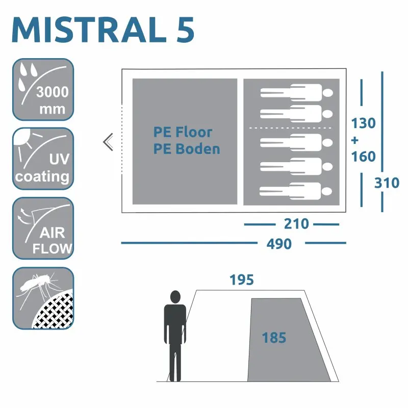 2nd Chance - your GEAR Zelt Mistral - 5 Personen Tunnelzelt Familienzelt 490 x 310 x 195 cm, UV 50+, 3000 mm (71395)