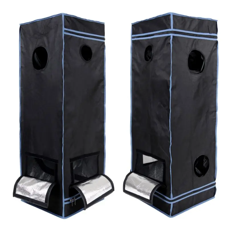 Growzelt yourGEAR Plantsville 40x40x120 cm, schwarzes Indoor Zuchtzelt mit blauen Nähten, runde Lüftungsöffnungen und silbernen Belüftungsklappen, geeignet für Pflanzenanzucht in Innenräumen.