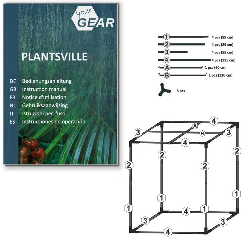 Manuale di montaggio yourGEAR Growzelt Plantsville: mostra la copertina multilingue, schema dei tubi numerati con misure (89, 55, 115, 60, 120 cm), 8 raccordi e diagramma della struttura del growbox 120x60x180 cm.