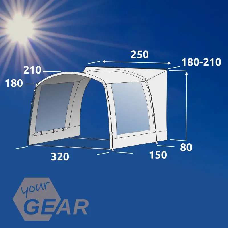 your GEAR Panarea 320 Busvorzelt mit Maßen 320x230 cm, UV 50+ Schutz, wasserdicht, für Anschlusshöhe 180-210 cm, große Fenster, Zeltaufbau und Maße grafisch dargestellt vor blauem Hintergrund.