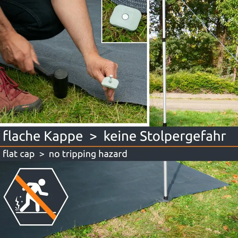 Tapis de sol extérieur your GEAR 250 x 300 cm, texture à mailles ouvertes, ancrage avec capuchon plat pour éviter les risques de trébuchement, adapté pour tente ou auvent, livré avec sac de transport.