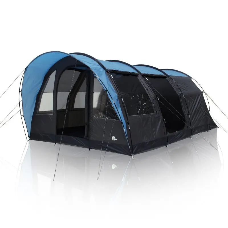 Tente tunnel familiale your GEAR Bora 5 personnes, grande hauteur, double toit bleu et noir, grandes fenêtres, entrée spacieuse, sol cuvette, arceaux robustes, idéale pour le camping en famille.