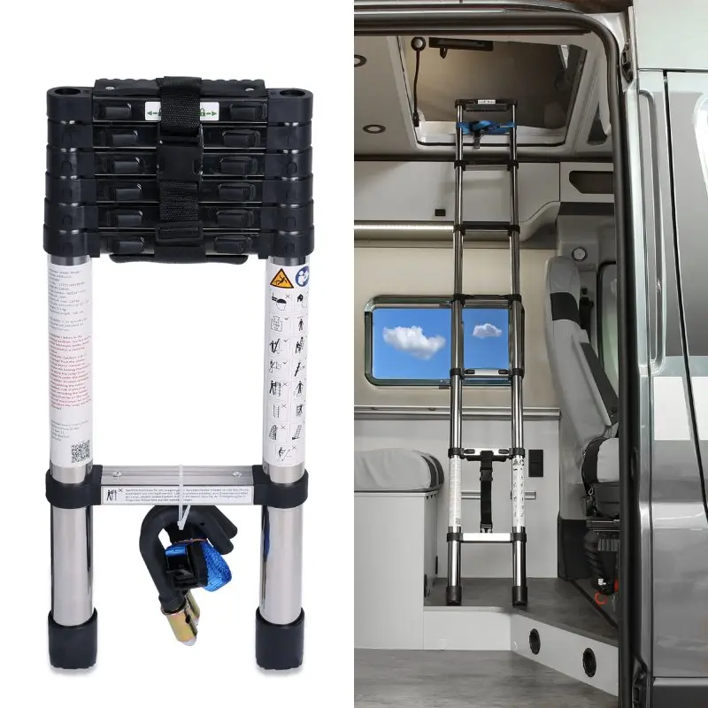 Scala telescopica your GEAR Pescara 2m in acciaio, compatta e stretta, piegata e in uso su un camper per accesso al tetto sollevabile; portata 150 kg, ideale per van e caravan, con ganci e cinghia opzionali.