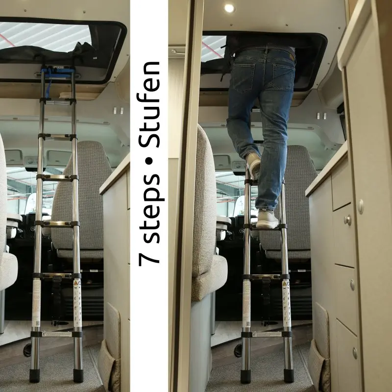 Scala telescopica your GEAR Pescara da 2 m in acciaio, design stretto con 7 gradini, montata in un camper per accesso al tetto sollevabile, robusta e compatta, ideale per van e caravan.