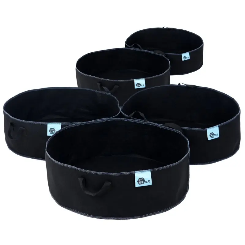 Set di 5 yourGEAR Grow Bags neri da 60L, rotondi, Ø 61x20 cm, in tessuto non tessuto traspirante, con manici robusti e cuciture rinforzate, ideali come sacchi per piante e ortaggi riutilizzabili.