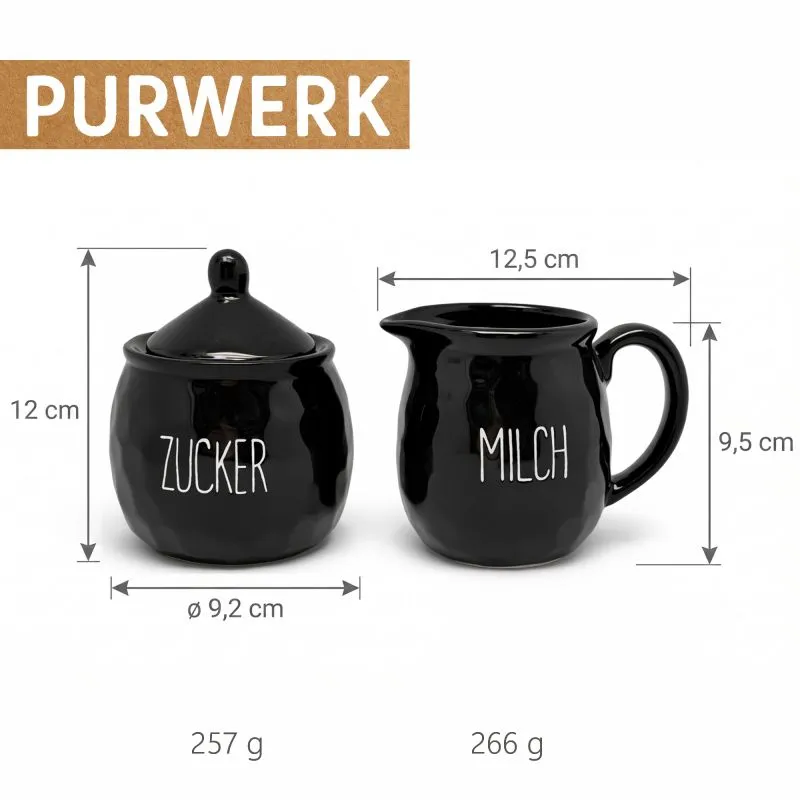 PURWERK Milch und Zucker Set Schwarz Keramik – Hammerschlag-Design