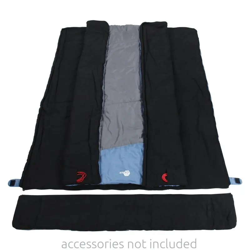 Sac de couchage double yourGEAR Sumatra Duo 2 personnes, 230x160cm, couleur noire et grise, intérieur coton, capuche amovible, adapté 3-4 saisons, affiché ouvert avec la capuche séparée devant.
