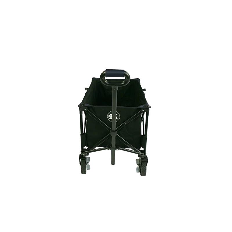 Chariot pliable 10T Foldy Trolley XL noir avec structure métallique, poignée ergonomique et roues robustes, idéal pour la plage et les sorties en famille, vu de face, logo 10T visible.