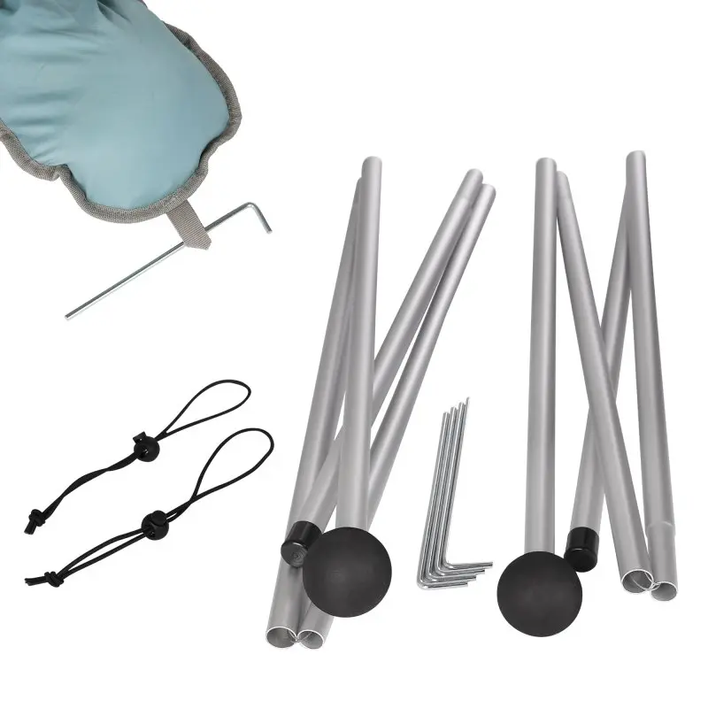 Accessoires du your GEAR Cameo Beach Shelter : piquets métalliques, arceaux en aluminium, sacs de lest et tendeurs noirs visibles, adaptés à une installation facile du pare-soleil XXL 3x3m avec protection UV 50+.