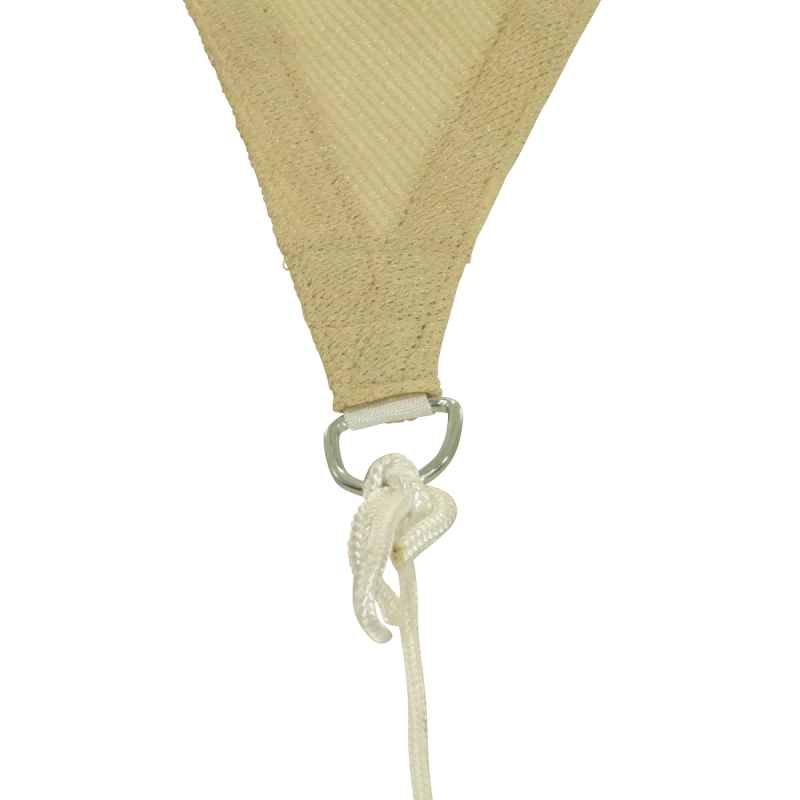 Corner detail of the 10T Patterson square tarp 5x5m, showing weather-resistant beige fabric, reinforced stitching, metal D-ring, and attached white guyline for secure mounting, ideal for sun protection outdoors.