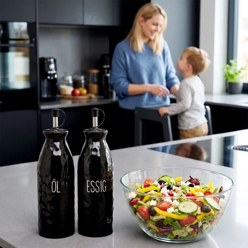 PURWERK Essig und Öl Set Schwarz Keramik mit Ausgießer – Hammerschlag-Design