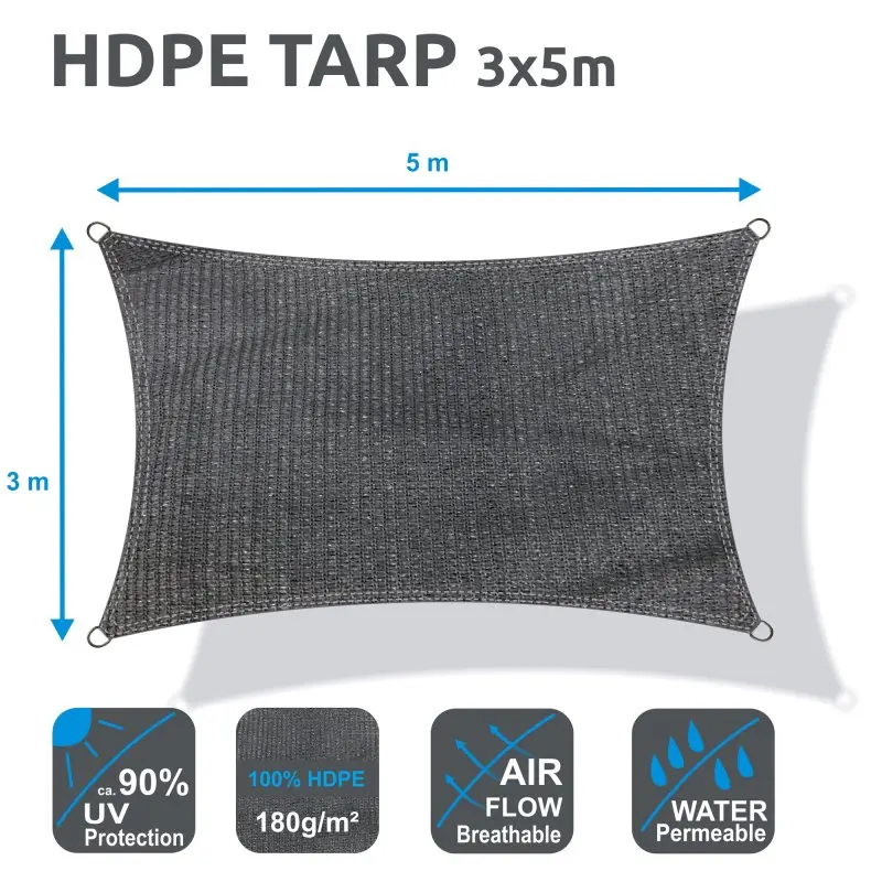 Bâche solaire yourGEAR HDPE 3x5m grise, rectangulaire, protection UV 90 %, perméable à l’air et à l’eau, 180g/m², idéale pour terrasse, jardin ou camping.