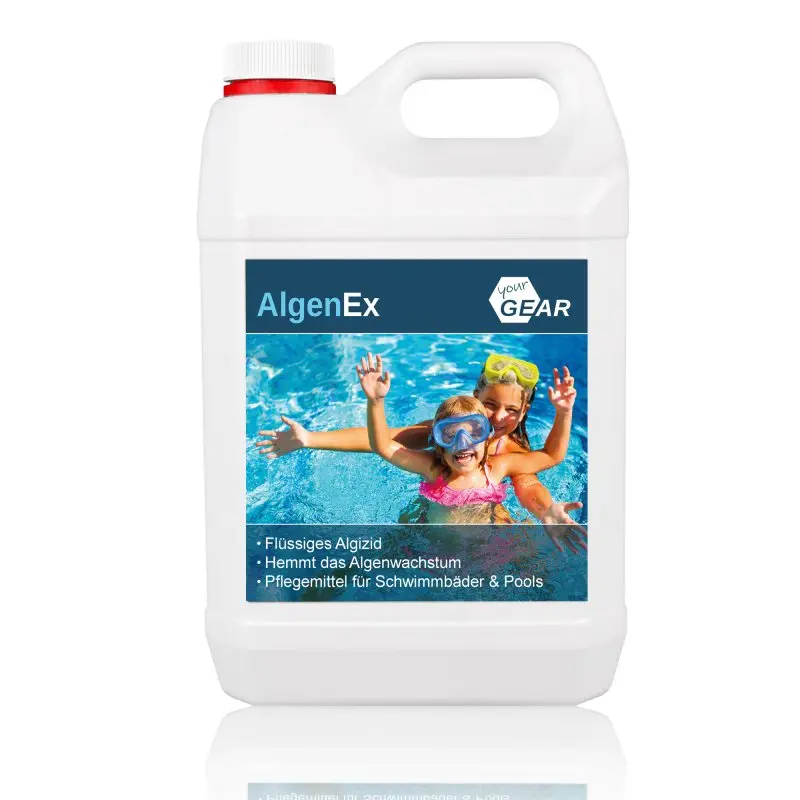 yourGEAR AlgenEx 3L bottle, liquid algae inhibitor for pools, features a white canister with a blue label showing two children in a swimming pool, product details and yourGEAR logo visible on the front.