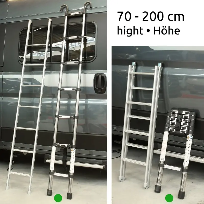 Scala telescopica your GEAR Pescara 2 m in acciaio, design stretto, ideale per tetto sollevabile di camper o van. Mostrata sia estesa che richiusa, con ganci opzionali, portata fino a 150 kg.