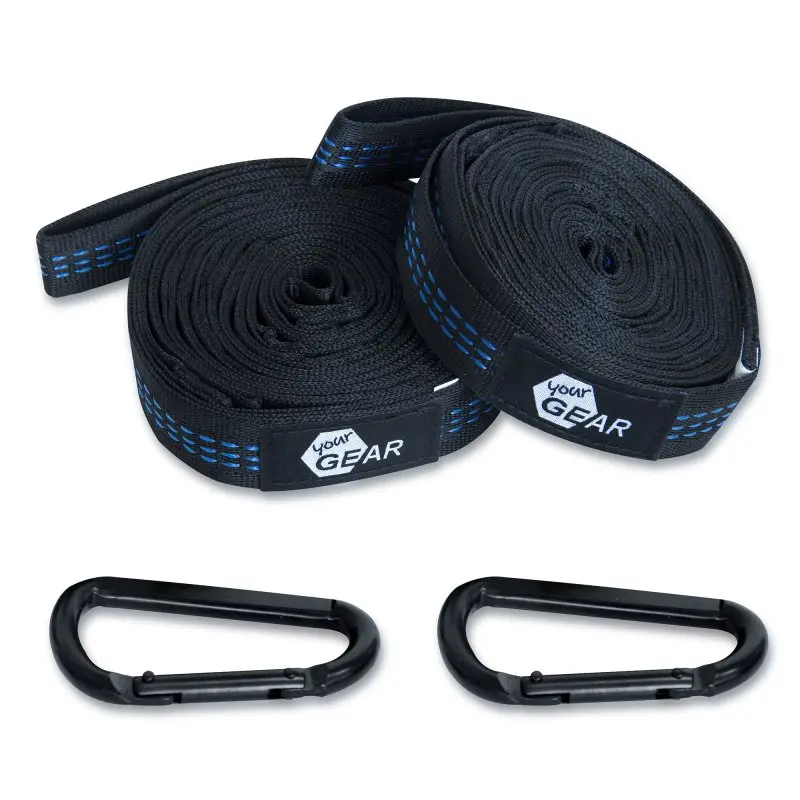 Set de fixation yourGEAR pour hamac, comprenant deux sangles noires de 280 cm à coutures bleues, 18 boucles et deux mousquetons noirs, capacité de charge 350 kg, idéal pour hamacs et fauteuils suspendus.