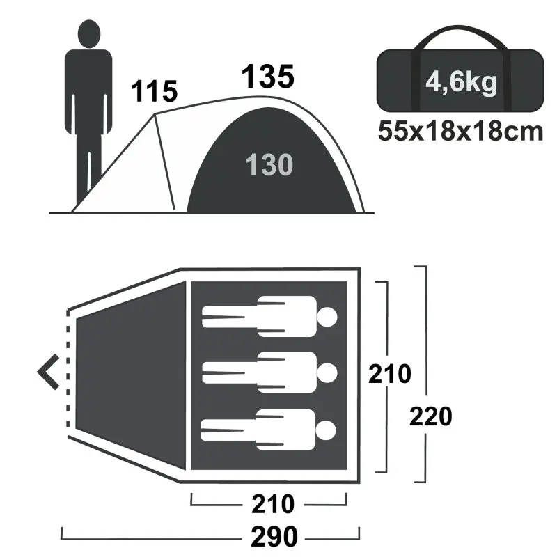Alt-text: your GEAR Tivano 3-person dome tent, blue-grey, with dimensions 290x220x130cm, large vestibule, fits 3 people, packed size 55x18x18cm, weight 4.6kg, illustrated layout and size comparison.