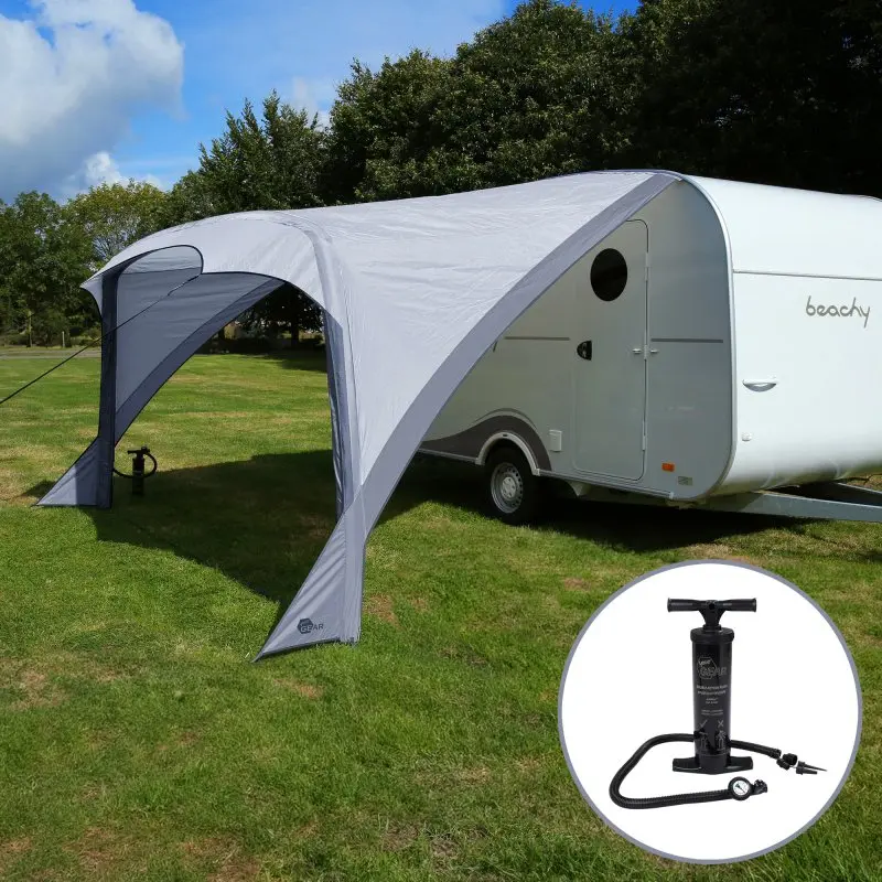 Aufblasbares your GEAR Amalfi Air 450 Sonnensegel, passgenau für Hobby Beachy Wohnwagen, in Grau, mit großer Überdachung und Handpumpe, ideal als Wetterschutzdach und Vorzelt beim Camping.