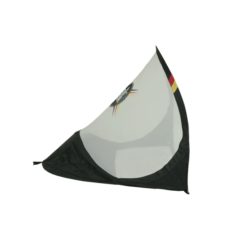 Pop-up soccer goal by 10T, size 120x90cm, with black frame, white net, and Germany flag colors on the edge; lightweight, portable, and ideal for outdoor football games in the garden or park.
