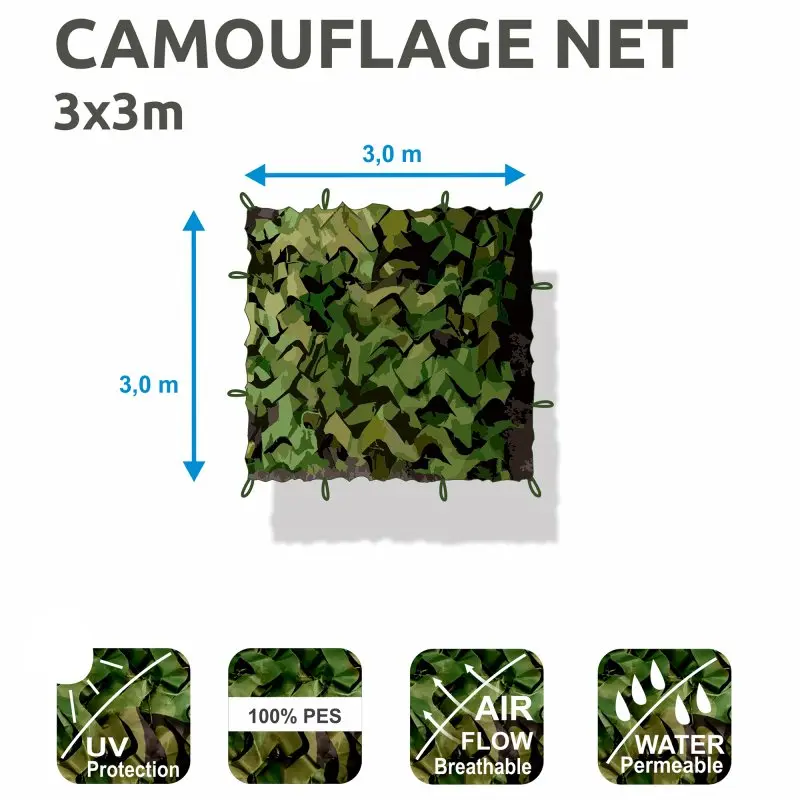 Filet de camouflage yourGEAR 3x3m, motif vert armée, résistant UV, perméable à l’air et à l’eau, 100% polyester, utilisable comme protection solaire, brise-vue ou décoration extérieure.