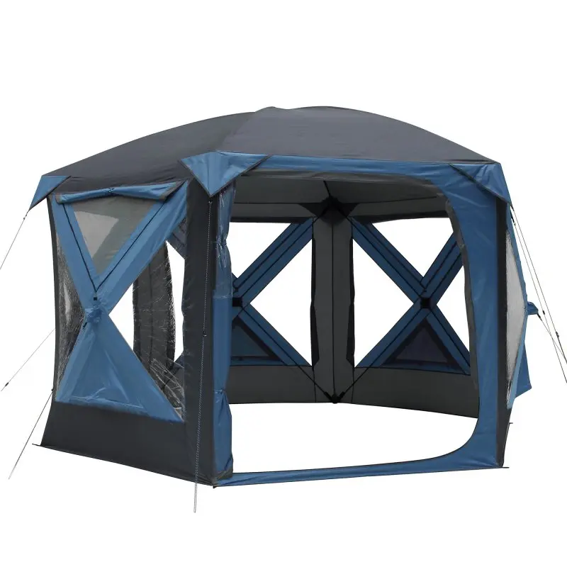 Pavillon yourGEAR Levanzo 8,5 m², tente pop-up bleue pour 4-6 personnes avec armature pliante, grandes fenêtres transparentes, structure spacieuse, sol intégré, imperméable, adapté au camping ou jardin.