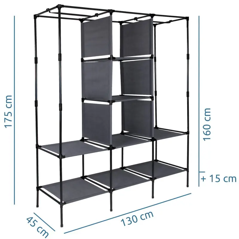 yourGEAR fabric wardrobe Grado, open view, black frame with grey shelves, dimensions 130x45x175 cm, features two clothes rails and four shelves, suitable for clothes, shoes, and accessories.
