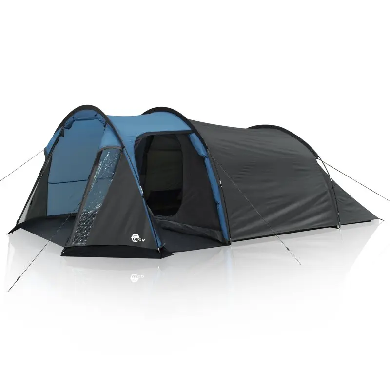 your GEAR Sopero 4-person tunnel tent with side entrance, large vestibule, front window, and waterproof 5000 mm material, shown in blue and black with guy lines for stability. Ideal for camping and trekking.