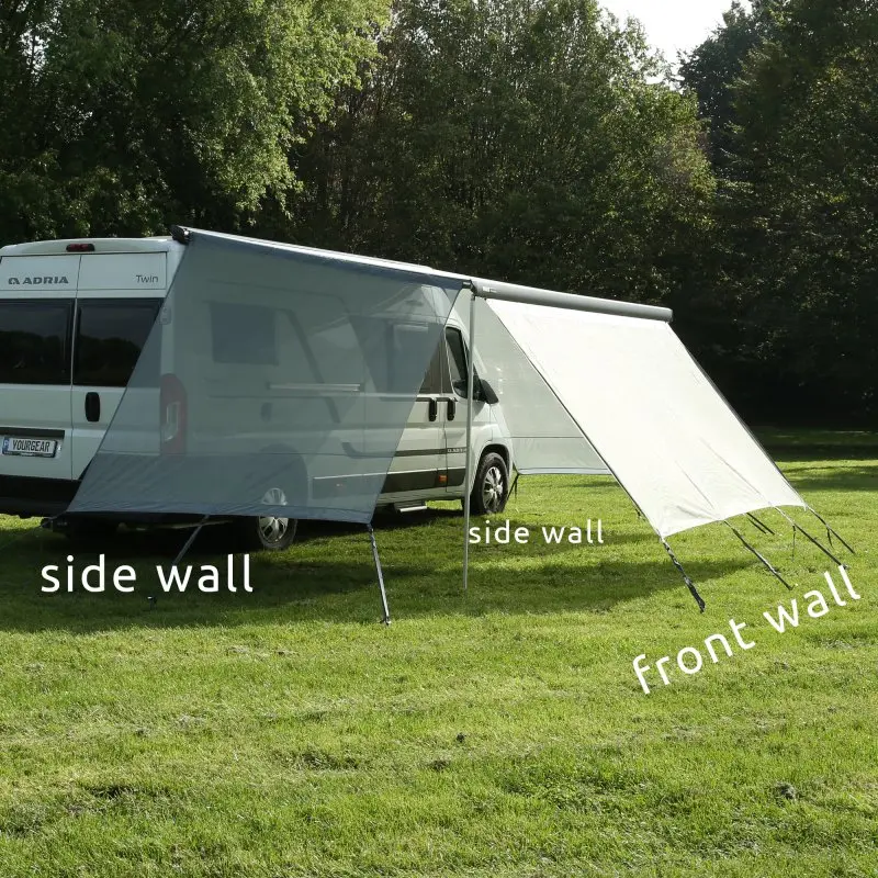 Set de 2 paredes laterales your GEAR Capri, tejido transpirable, montadas en una marquesina de caravana, ofrecen protección solar y visual, compatibles con Thule, Fiamma, Dometic, fácil instalación con varillas.