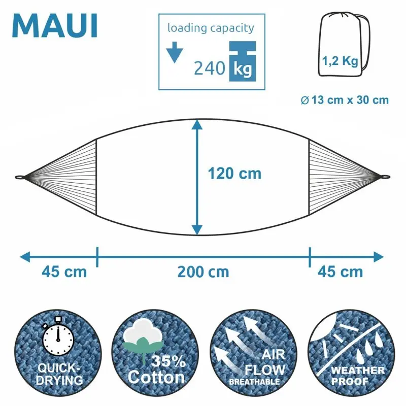 Hamac yourGEAR Maui Aqua 200x120 cm, capacité 240 kg, coton 35 %, séchage rapide, respirant, résistant aux intempéries, avec sac de transport, dimensions plié 13x30 cm, poids 1,2 kg.