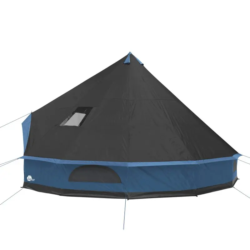 your GEAR Ravello 400 Tipizelt für 4-6 Personen, rundes Familienzelt mit Stehhöhe, blau-schwarz, mit wannenförmigem Boden, fest vernähtem Zeltboden und Fenstern, geeignet für Camping und Outdoor.
