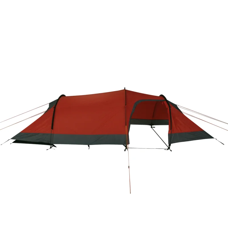 Tente trekking 10T Silicone Valley 3 places, imperméable 5000mm, rouge et gris, forme tunnel, entrée latérale, haubans de fixation, idéale pour camping et randonnées en pleine nature.