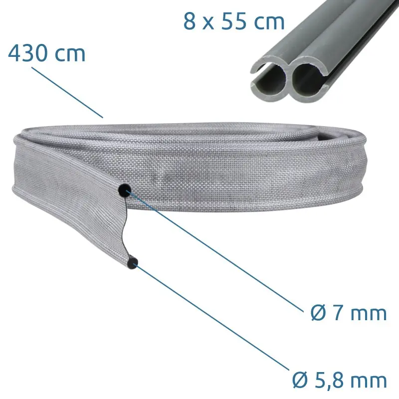 Kit adaptador your GEAR Keder Drive Away de 430 cm, incluye conector textil gris con extremos de 7 mm y 5,8 mm de diámetro y perfil de plástico doble de 8 x 55 cm para toldos y avance de caravana.