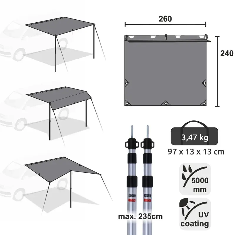 Toldo your GEAR Motorhome Cotton Tarp TC de 260x240 cm, con dos postes telescópicos de aluminio, impermeable 5000 mm, protección UV, peso 3,47 kg, bolsa de transporte, ideal para furgoneta, bus o auto.