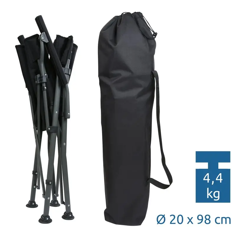 Campingstuhl your GEAR Pesaro 3D, zusammengefaltet, neben schwarzer Tragetasche mit Tragegurt; Maße 20 x 98 cm, Gewicht 4,4 kg, ideal für Camping und Outdoor, TÜV geprüft bis 160 kg.