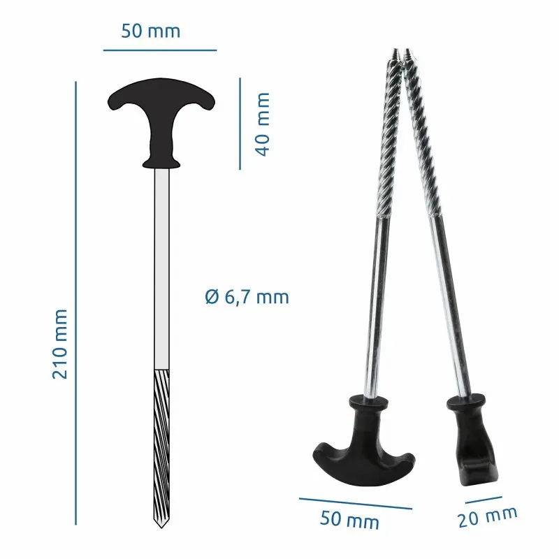 Lot de 20 piquets de tente your GEAR SH 210 en acier, longueur 210 mm, diamètre 6,7 mm, avec tête en plastique noir, tige filetée robuste, dimensions de la poignée 50 mm x 40 mm, pour fixation de tentes.