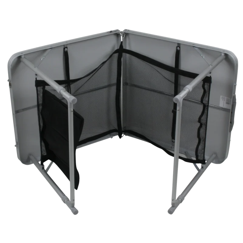 Table pliante de camping 10T Portable Family en aluminium pour 4 personnes, vue de dessous avec structure en métal, filets de rangement noirs intégrés et pieds repliables, idéale pour pique-nique ou camping.