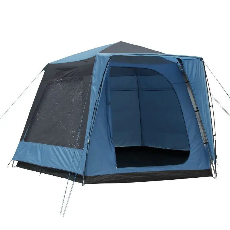 Blaues your GEAR Ponza 400 Festivalzelt, rechteckige Form, große Eingangstür, Fenster mit Moskitonetz, fest vernähter Boden, Stehhöhe, für Gruppen geeignet, UV-Schutz, robustes Material, 4 x 2,3 Meter.