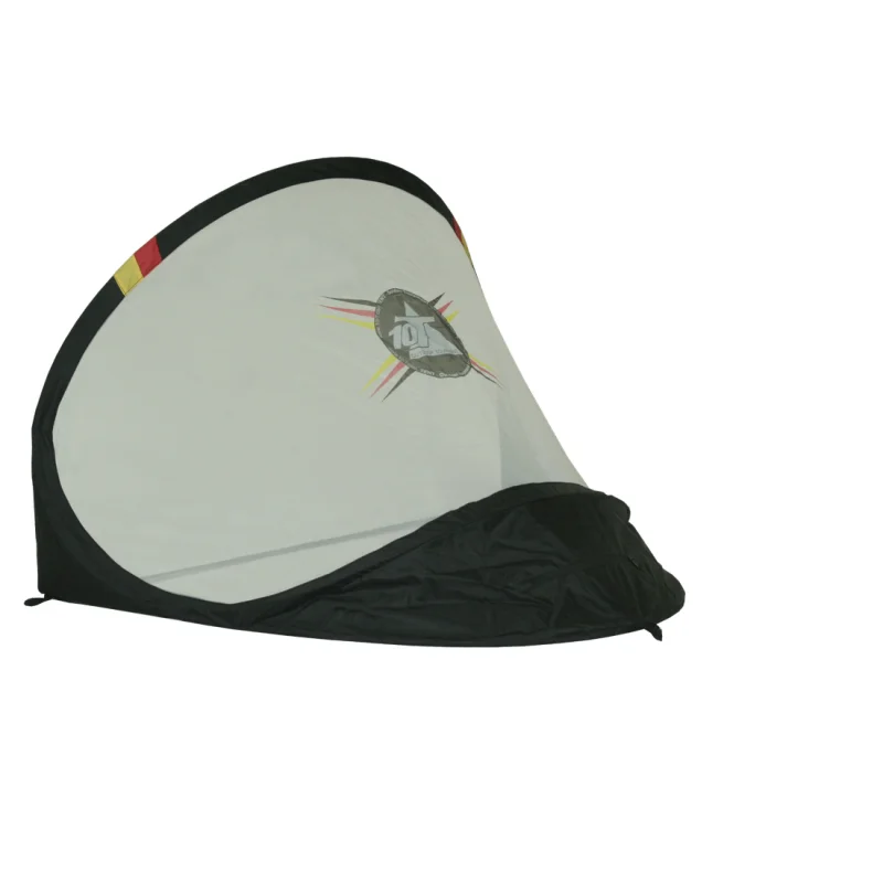 Pop-up soccer goal 120x90cm by 10T Outdoor Equipment, self-assembling, with black frame and net in Germany colors, ideal for outdoor play, travel, or garden. Logo and colored stripes visible on the net.