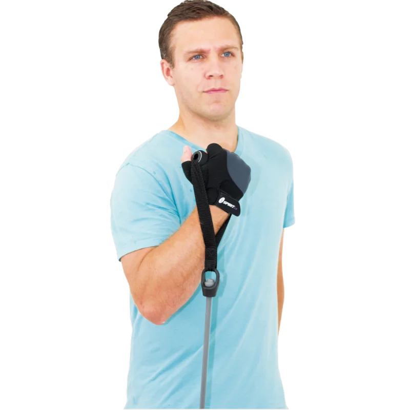 Man wearing Spirit Workout Glove S fitness glove in black, holding a resistance band. The glove features padded palm and adjustable strap, designed for strength training and improved grip during workouts.